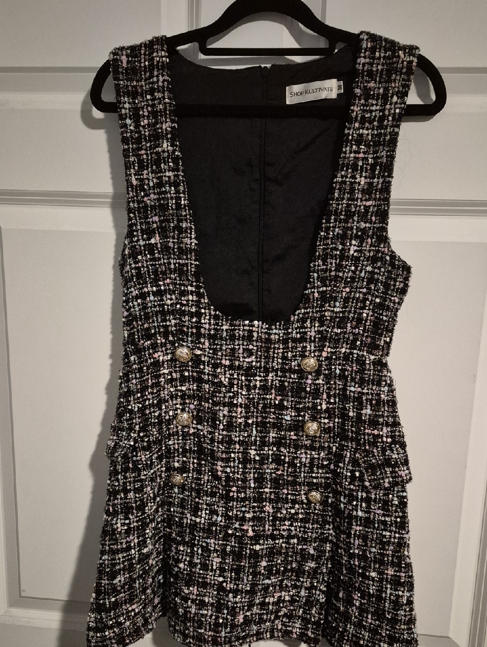 Shop Kultivate Black & Pink Tweed Sleeveless Romper Medium Y2K Coquette Girl